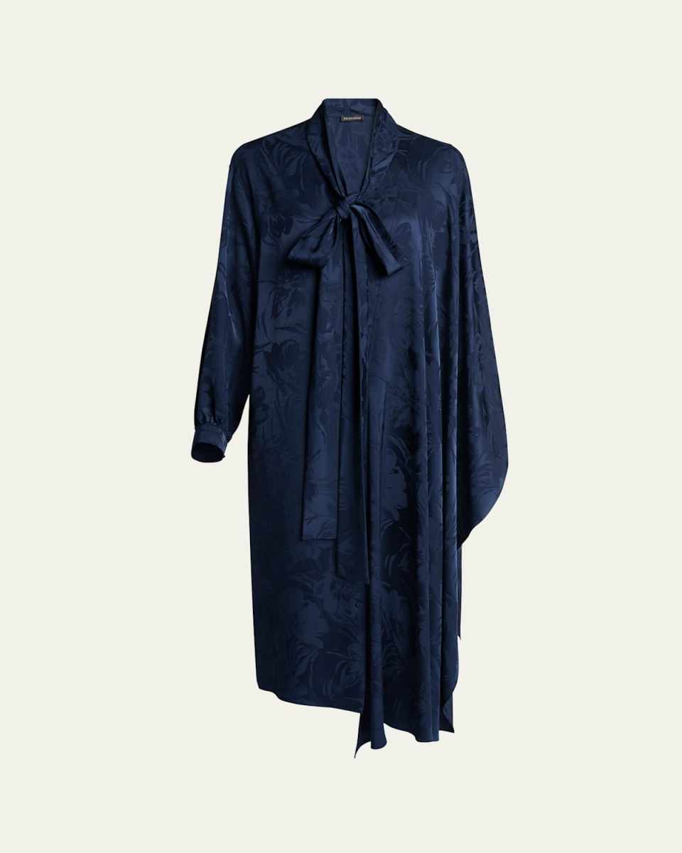 Floral Jacquard Long-Sleeve Maxi Scarf Dress